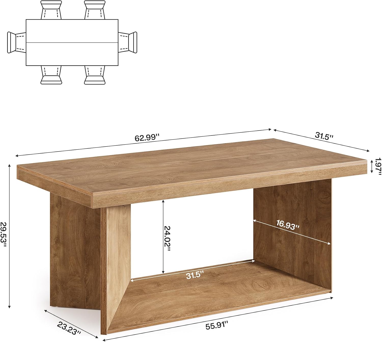 63 Inch Farmhouse Dining Table for 4-6, Brown - Image 2