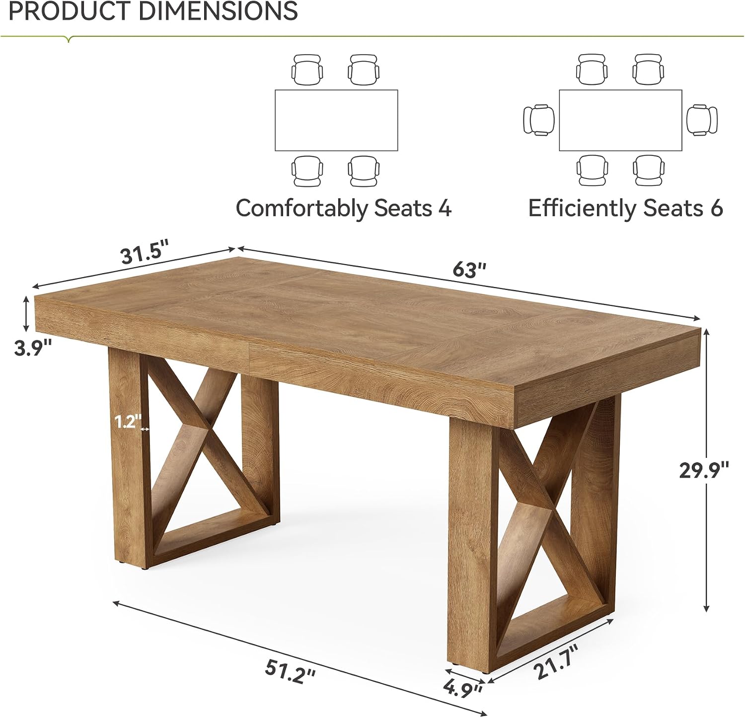 63 Inch Farmhouse Dining Table for 4-6, Rustic Brown - Image 2