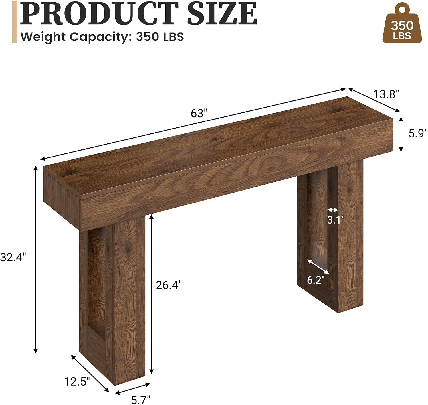 63 Inch Farmhouse Sofa Table, Long Wooden Entryway Table - Image 2