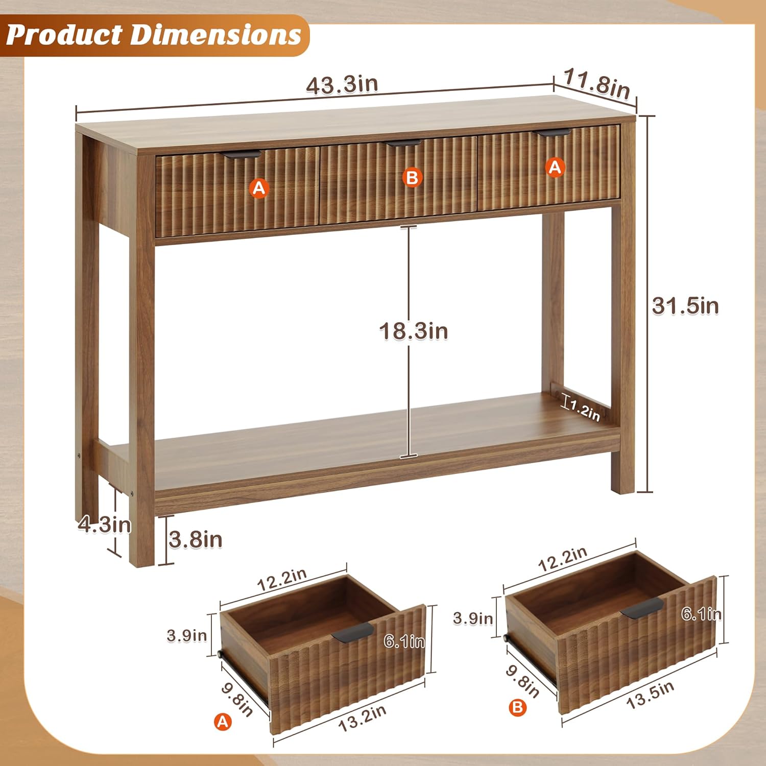 Fluted Wooden Console Table with Drawers and Storage, Brown - Image 2