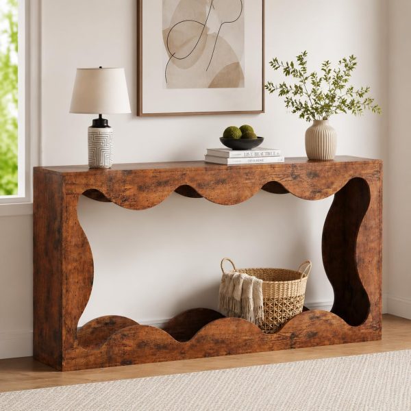 63 Inch Scalloped Console Table with Storage Shelf, Brown
