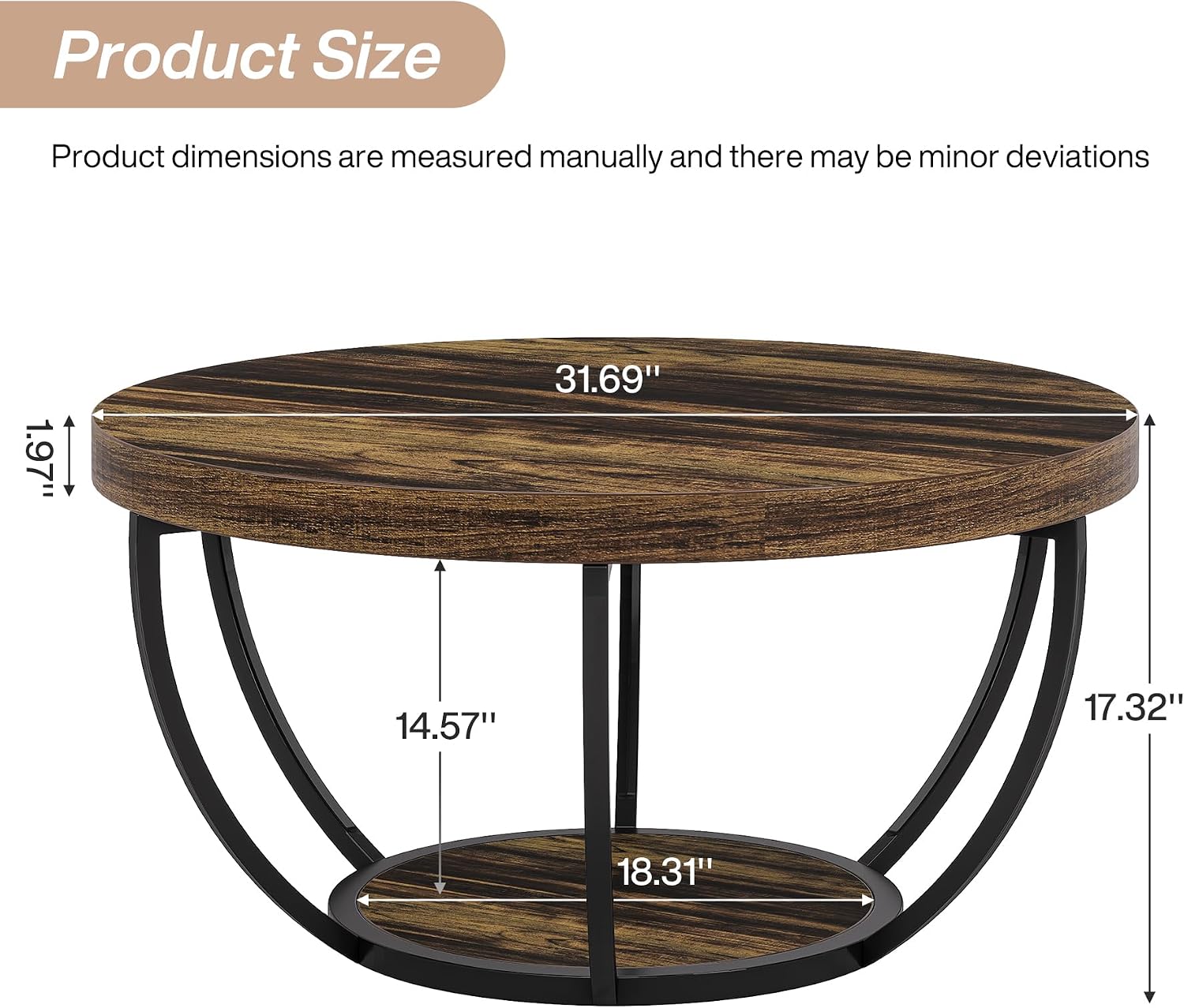 31.7 Inch Round Coffee Table with Storage - Image 2