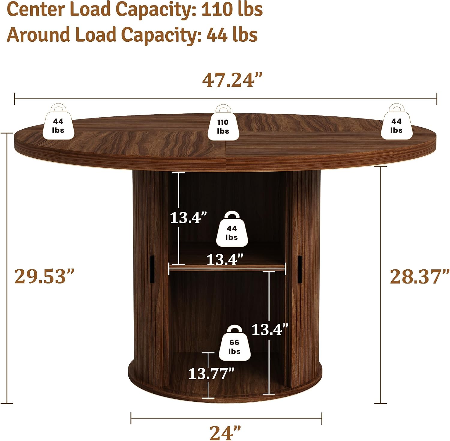 47 Inch Round Dining Table with Two-Tier Storage, Walnut - Image 2
