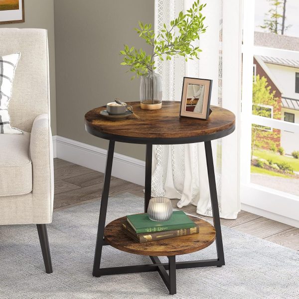 Two-Tier Round End Table with Storage Shelf, Rustic Brown