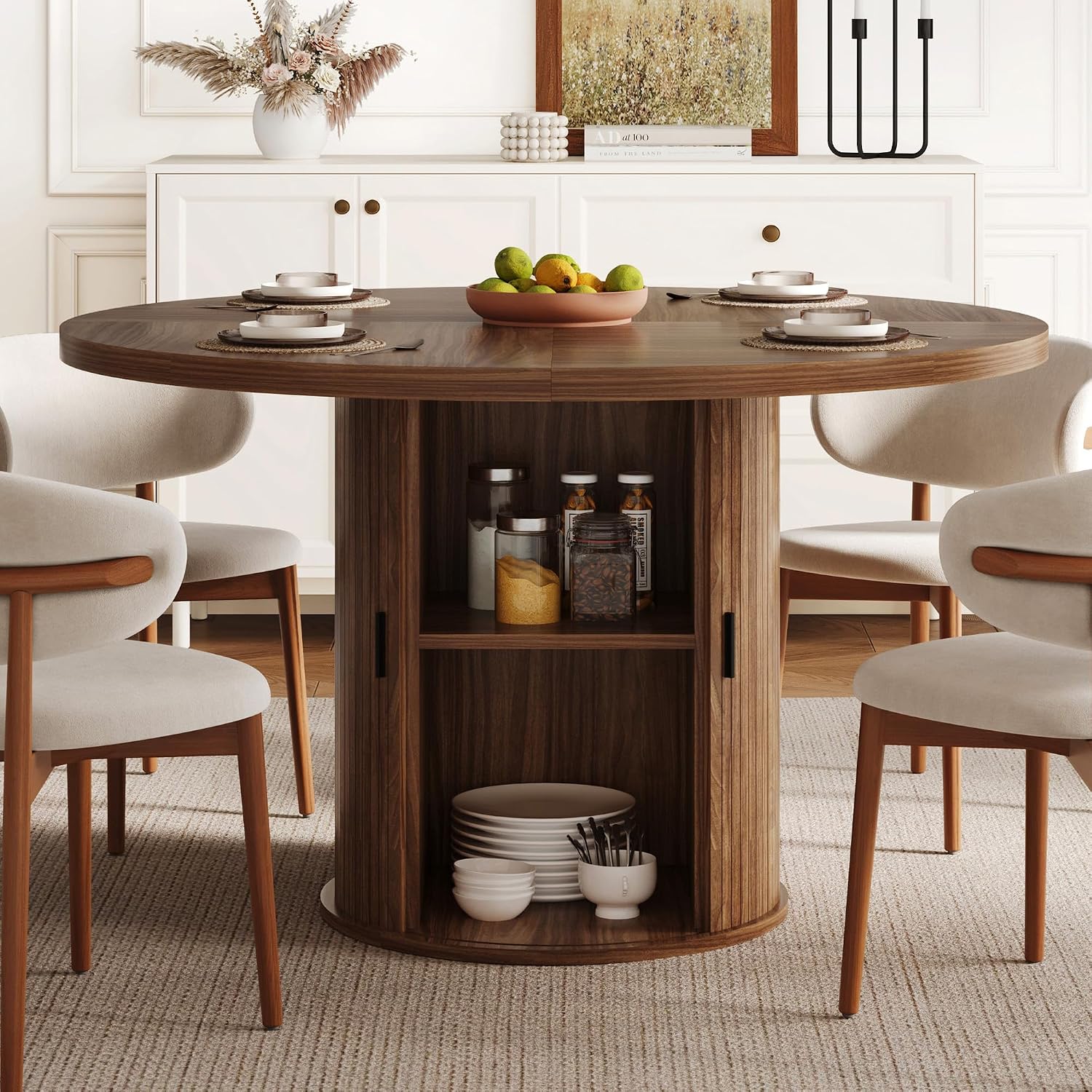 47 Inch Round Dining Table with Two-Tier Storage, Walnut