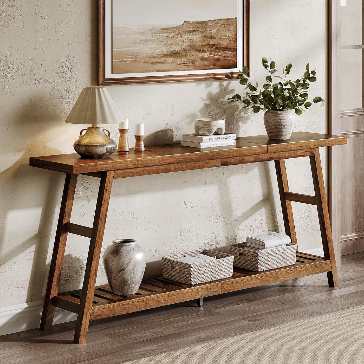 70.9 Inch Long Two-Tier Console Table, Farmhouse Style