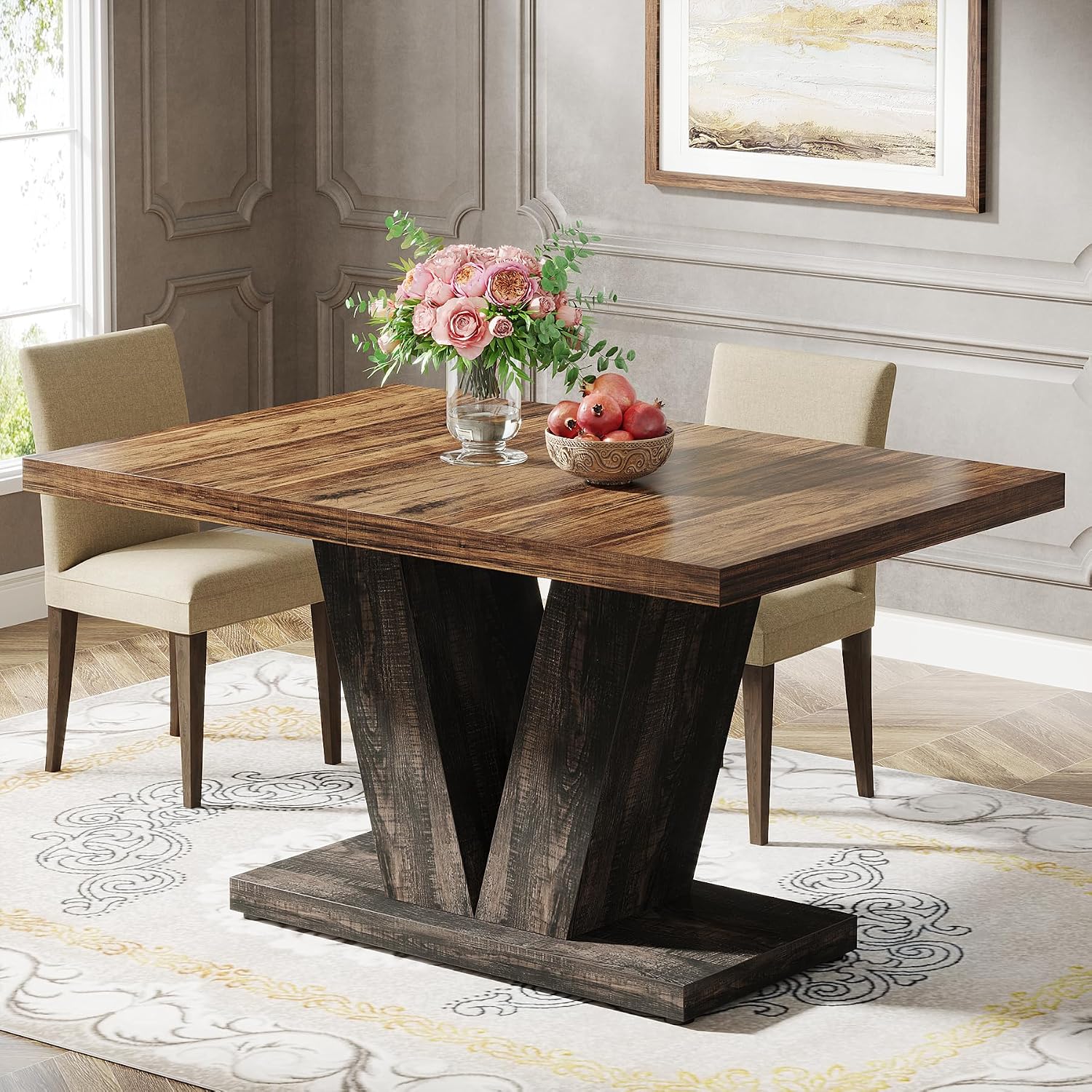 47 Inch Farmhouse Dining Table for Four, Black and Brown