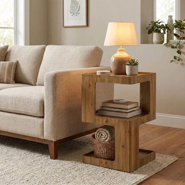 Farmhouse Geometric Wooden End Table with Cube Storage