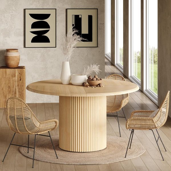 47 Inch Round Farmhouse Dining Table for Four, Natural Wood