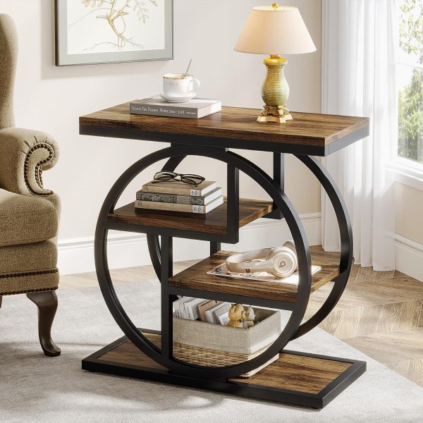 Four-Tier Narrow End Table with Storage Shelves, Rustic Brown