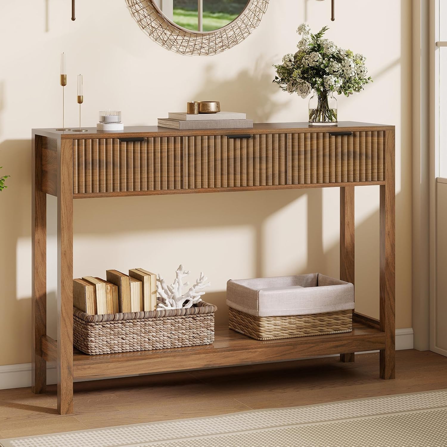Fluted Wooden Console Table with Drawers and Storage, Brown