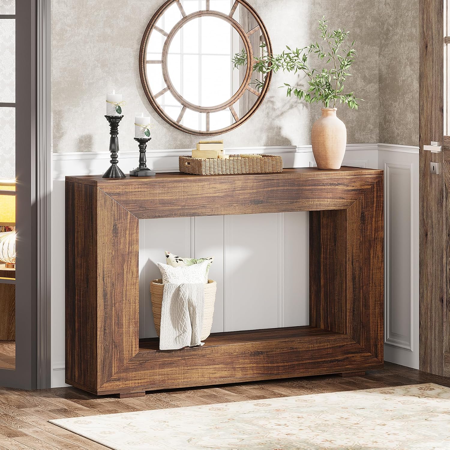 47 Inch Farmhouse Console Table with Storage, Rustic Brown