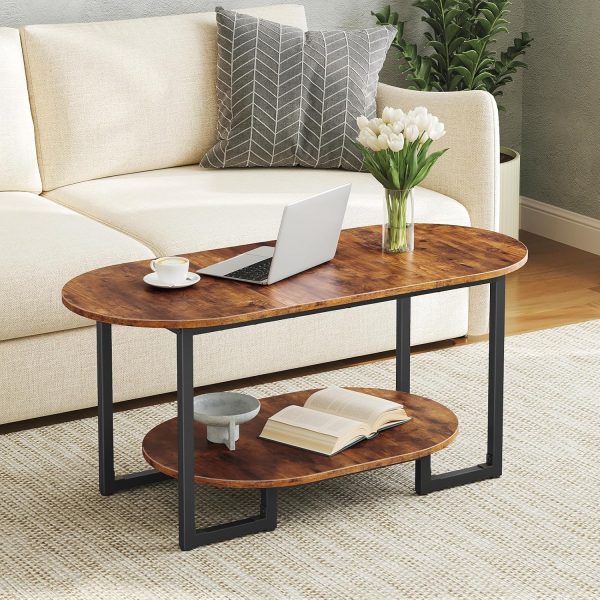 Oval Two-Tier Coffee Table with Open Storage, Rustic Brown