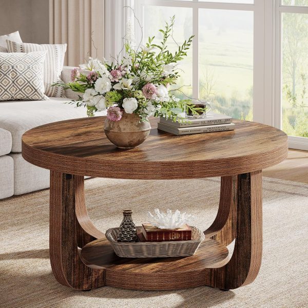 Round Two-Tier Coffee Table with Storage, Dark Brown