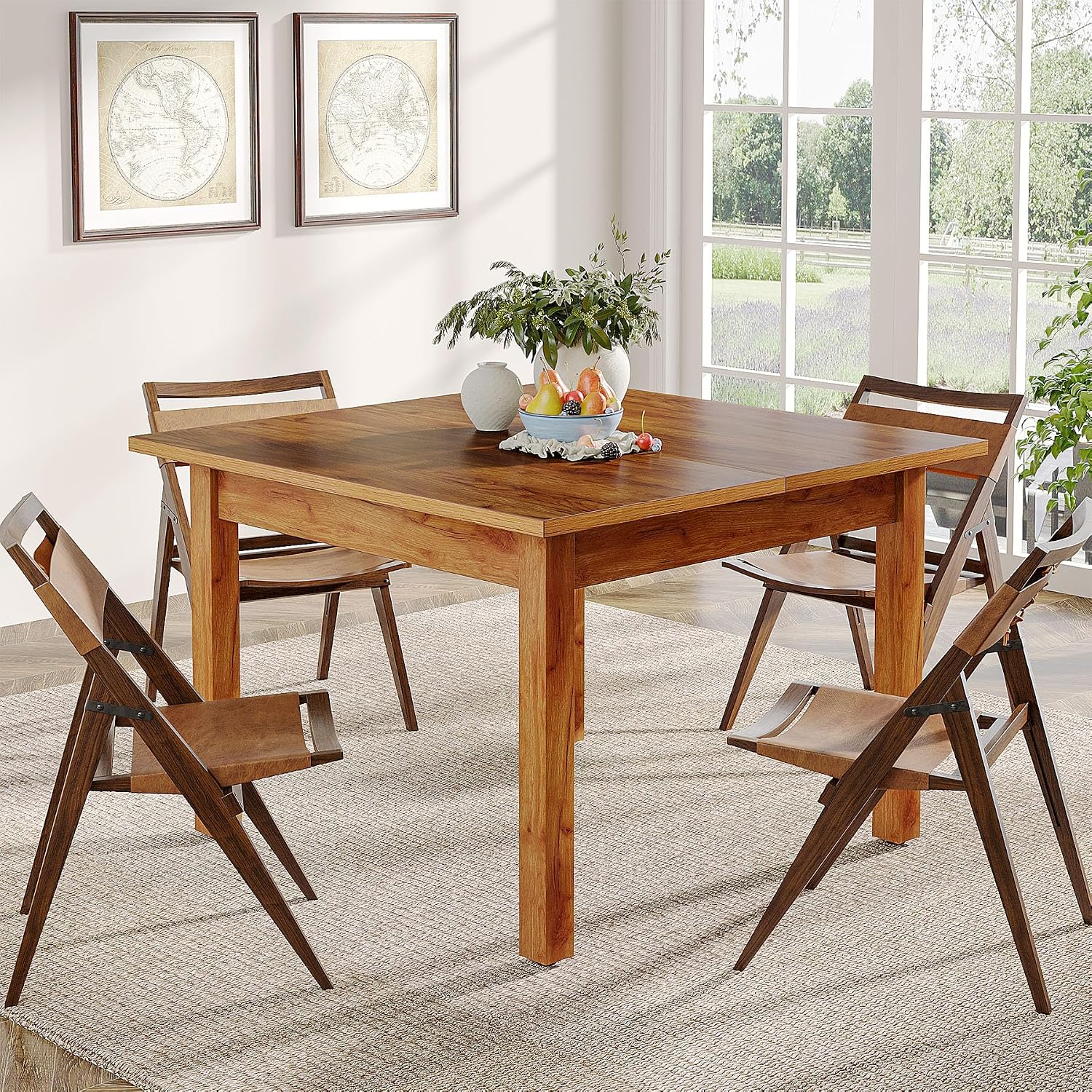 Farmhouse Wooden Dining Table for Four, Rustic Brown