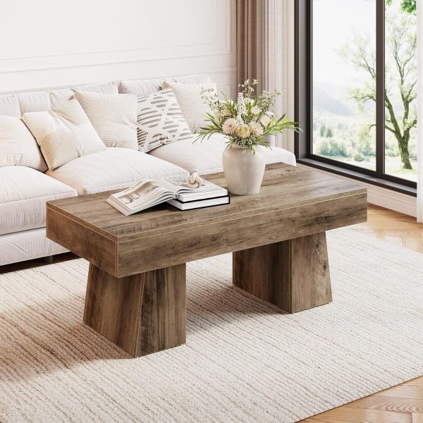47 Inch Farmhouse Coffee Table with Thick Base, Rustic Brown