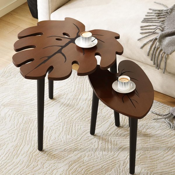 Set of 2 Monstera Leaf Nesting Side Tables, Wooden